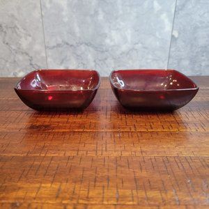 Vintage Anchor Hocking Ruby Red Glass Charm berry bowls, Set of 2, 4.25" Square